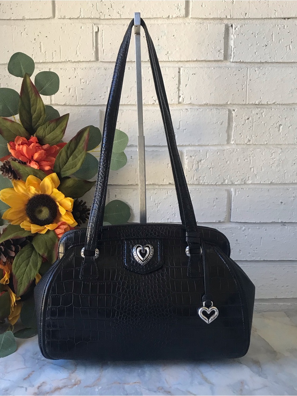 Brighton Black Croc-Embossed Heart Charm Shoulder Bag Vintage